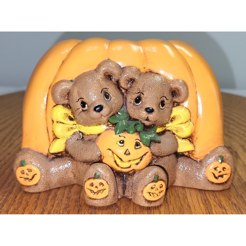 Handpainted Ceramic Pumpkin Cuddle Bears Halloween Jack-O-Lantern 1997 Planter